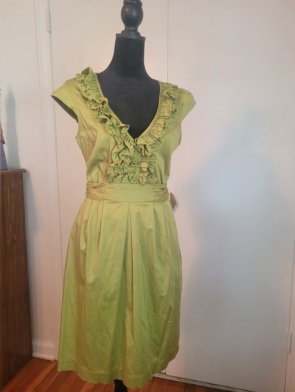 Max & Cleo Lime Green Ruffle V-Neck Midi Dress